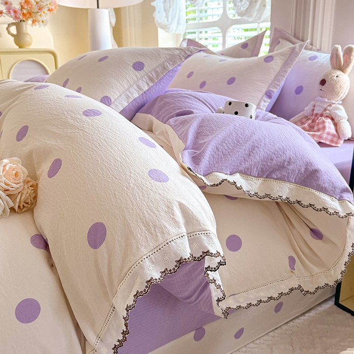 韩约家纺 2025新款1全棉镂空双色刺绣花边床单款加厚棉麻四件套 波波紫