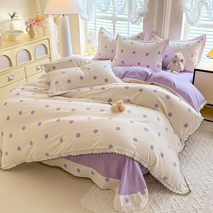 91家纺网 家纺一手货源 找家纺 韩约家纺 2025新款1全棉镂空双色刺绣花边床单款加厚棉麻四件套 波波紫