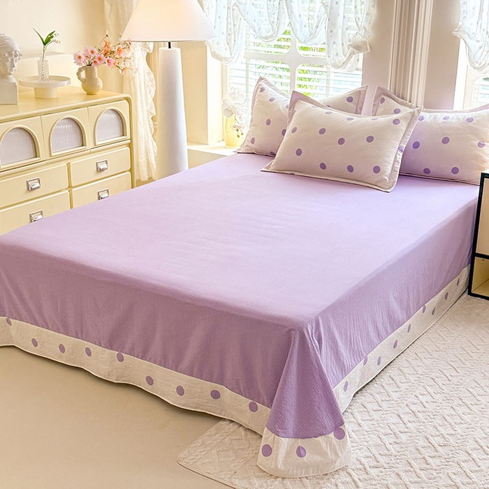 91家纺网 家纺一手货源 找家纺 韩约家纺 2025新款1全棉镂空双色刺绣花边床单款加厚棉麻四件套 波波紫