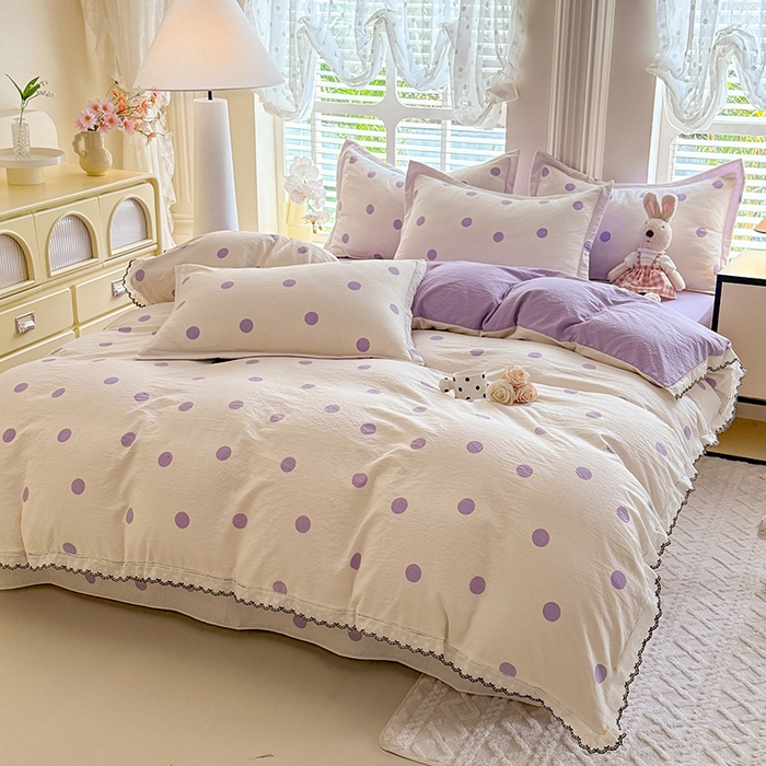 91家纺网 家纺一手货源 找家纺 韩约家纺 2025新款1全棉镂空双色刺绣花边床单款加厚棉麻四件套 波波紫