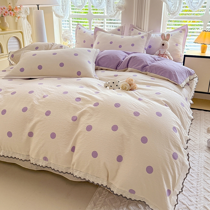 91家纺网 家纺一手货源 找家纺 韩约家纺 2025新款1全棉镂空双色刺绣花边床单款加厚棉麻四件套 波波紫