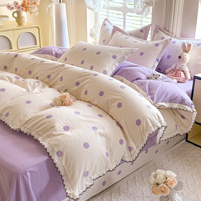 91家纺网 家纺一手货源 找家纺 韩约家纺 2025新款1全棉镂空双色刺绣花边床单款加厚棉麻四件套 波波紫