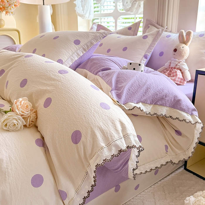 91家纺网 家纺一手货源 找家纺 韩约家纺 2025新款1全棉镂空双色刺绣花边床单款加厚棉麻四件套 波波紫