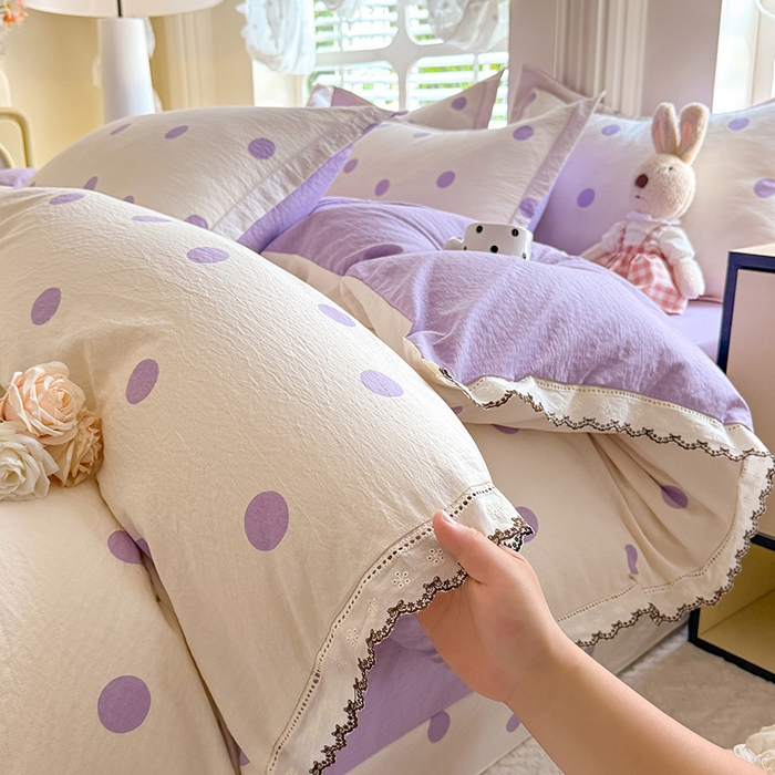 91家纺网 家纺一手货源 找家纺 韩约家纺 2025新款1全棉镂空双色刺绣花边床单款加厚棉麻四件套 波波紫