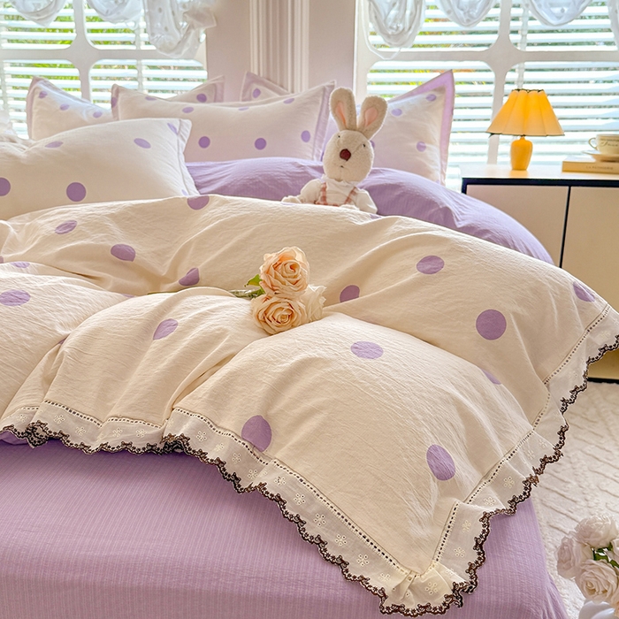 91家纺网 家纺一手货源 找家纺 韩约家纺 2025新款1全棉镂空双色刺绣花边床单款加厚棉麻四件套 波波紫