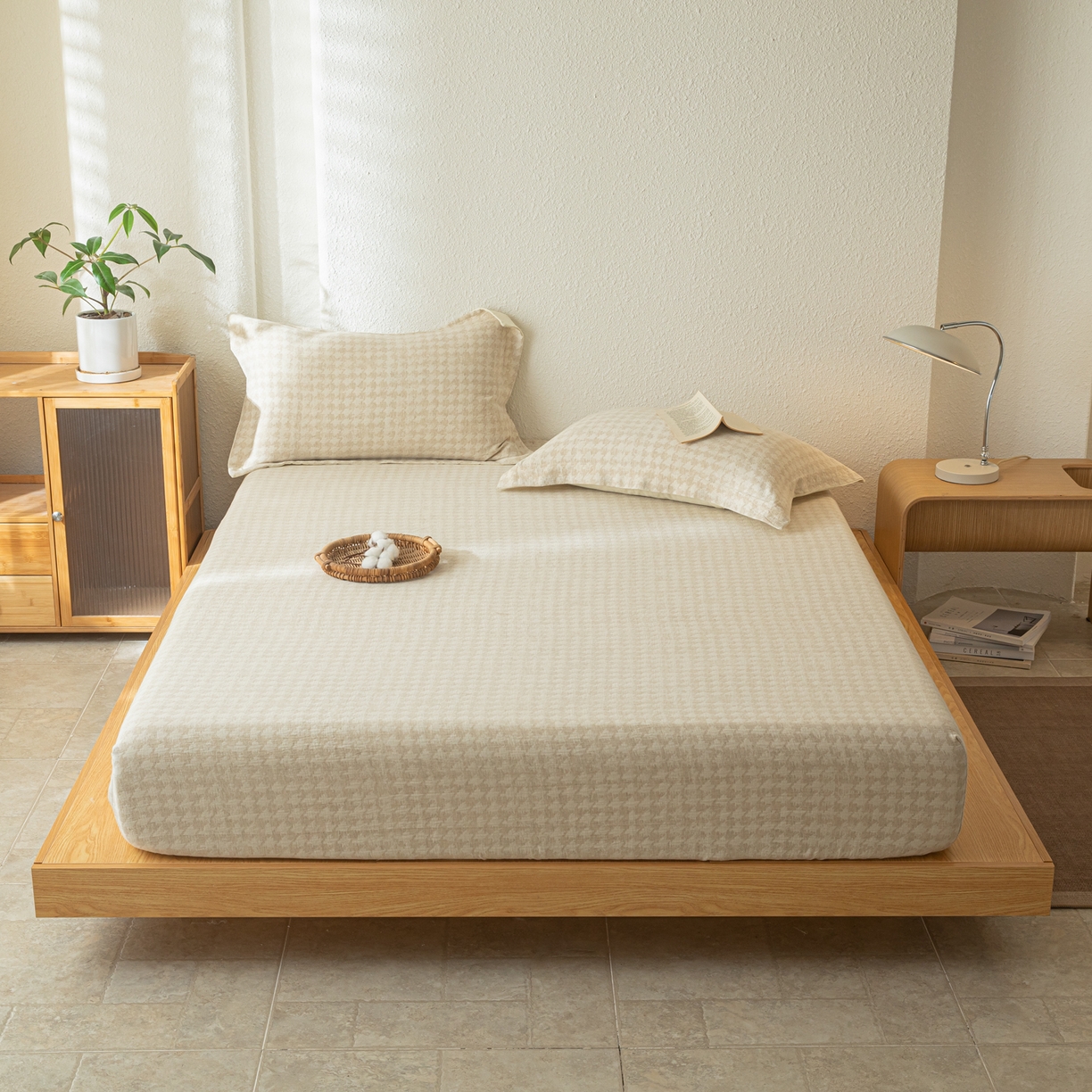 91家纺网 家纺一手货源 找家纺 眠博士 2025新款A类棉麻双层纱提花床笠 棉麻双层纱床笠-千鸟格