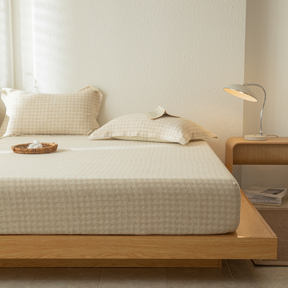 91家纺网 家纺一手货源 找家纺 眠博士 2025新款A类棉麻双层纱提花床笠 棉麻双层纱床笠-千鸟格