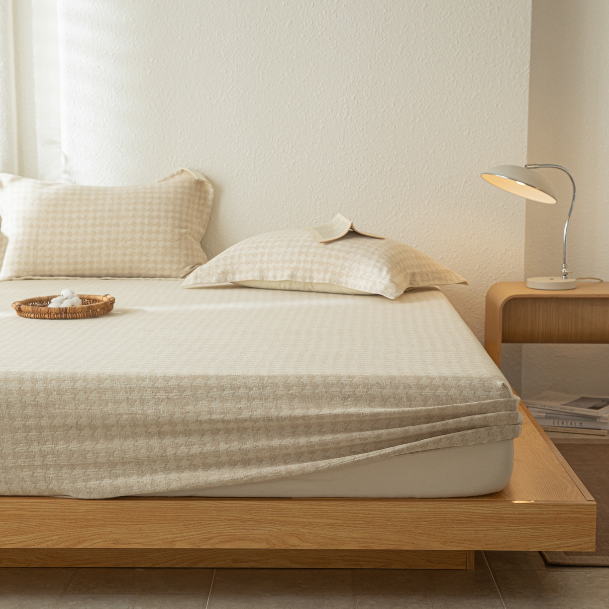 91家纺网 家纺一手货源 找家纺 眠博士 2025新款A类棉麻双层纱提花床笠 棉麻双层纱床笠-千鸟格