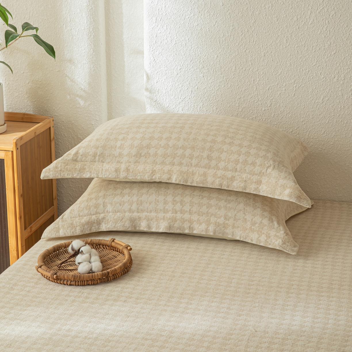 91家纺网 家纺一手货源 找家纺 眠博士 2025新款A类棉麻双层纱提花床笠 棉麻双层纱床笠-千鸟格