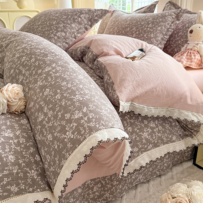 韩约家纺 2025新款1全棉镂空双色刺绣花边床单款加厚棉麻四件套 朝歌