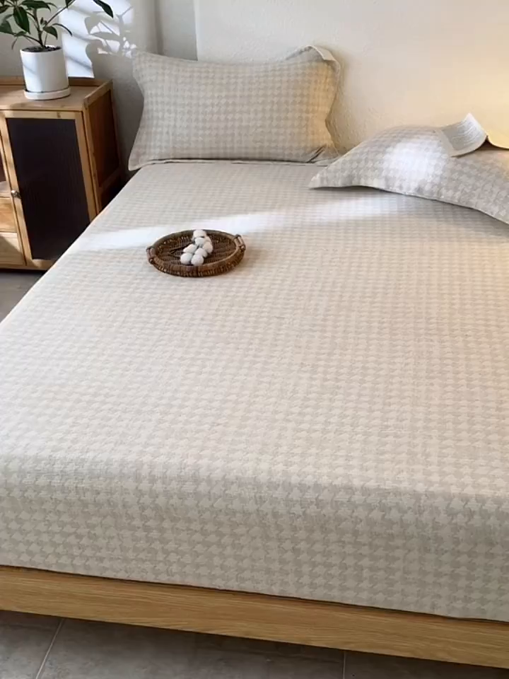 91家纺网 家纺一手货源 找家纺 眠博士 2025新款A类棉麻双层纱提花床笠 棉麻双层纱床笠-千鸟格