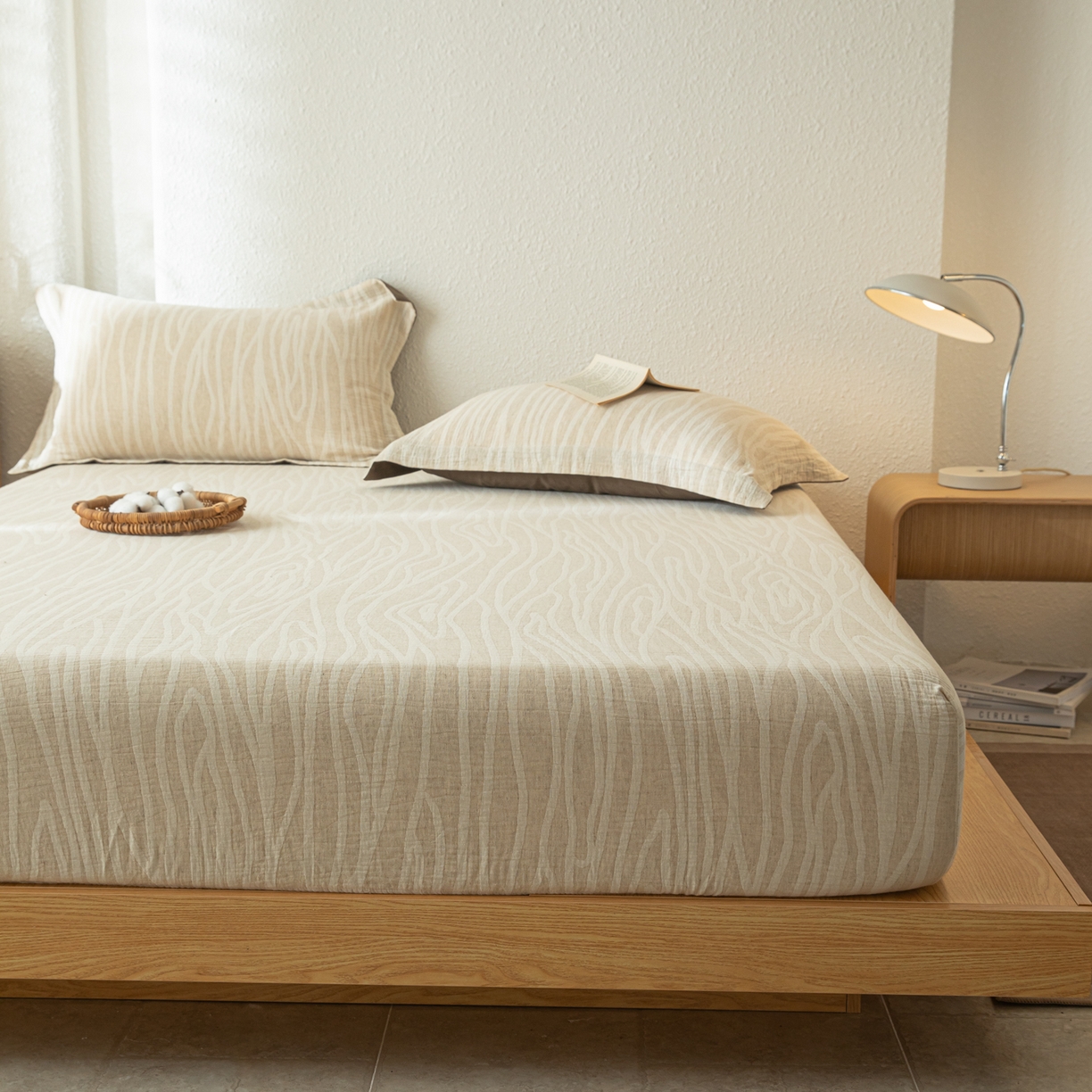 91家纺网 家纺一手货源 找家纺 眠博士 2025新款A类棉麻双层纱提花床笠 棉麻双层纱床笠-树纹