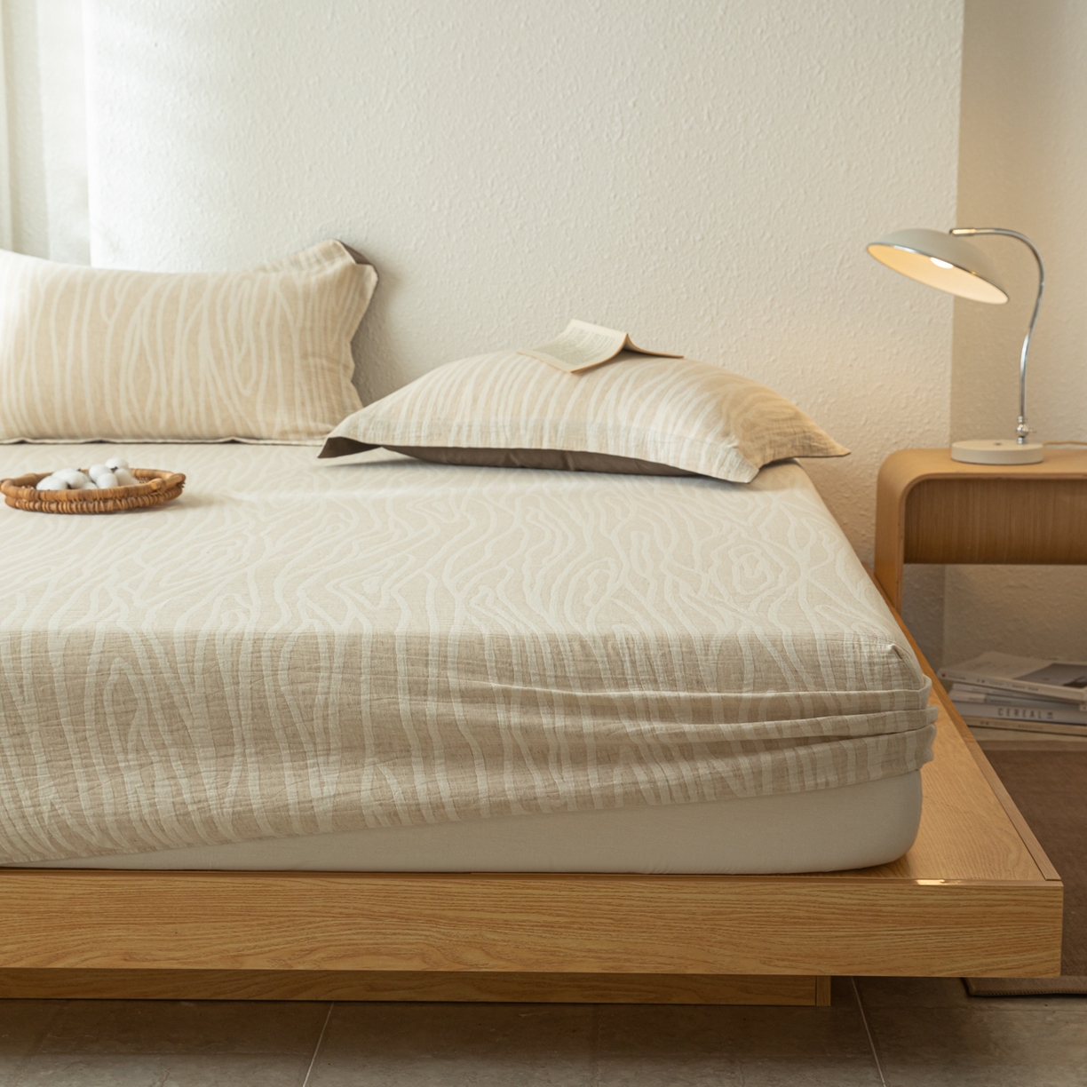 91家纺网 家纺一手货源 找家纺 眠博士 2025新款A类棉麻双层纱提花床笠 棉麻双层纱床笠-树纹