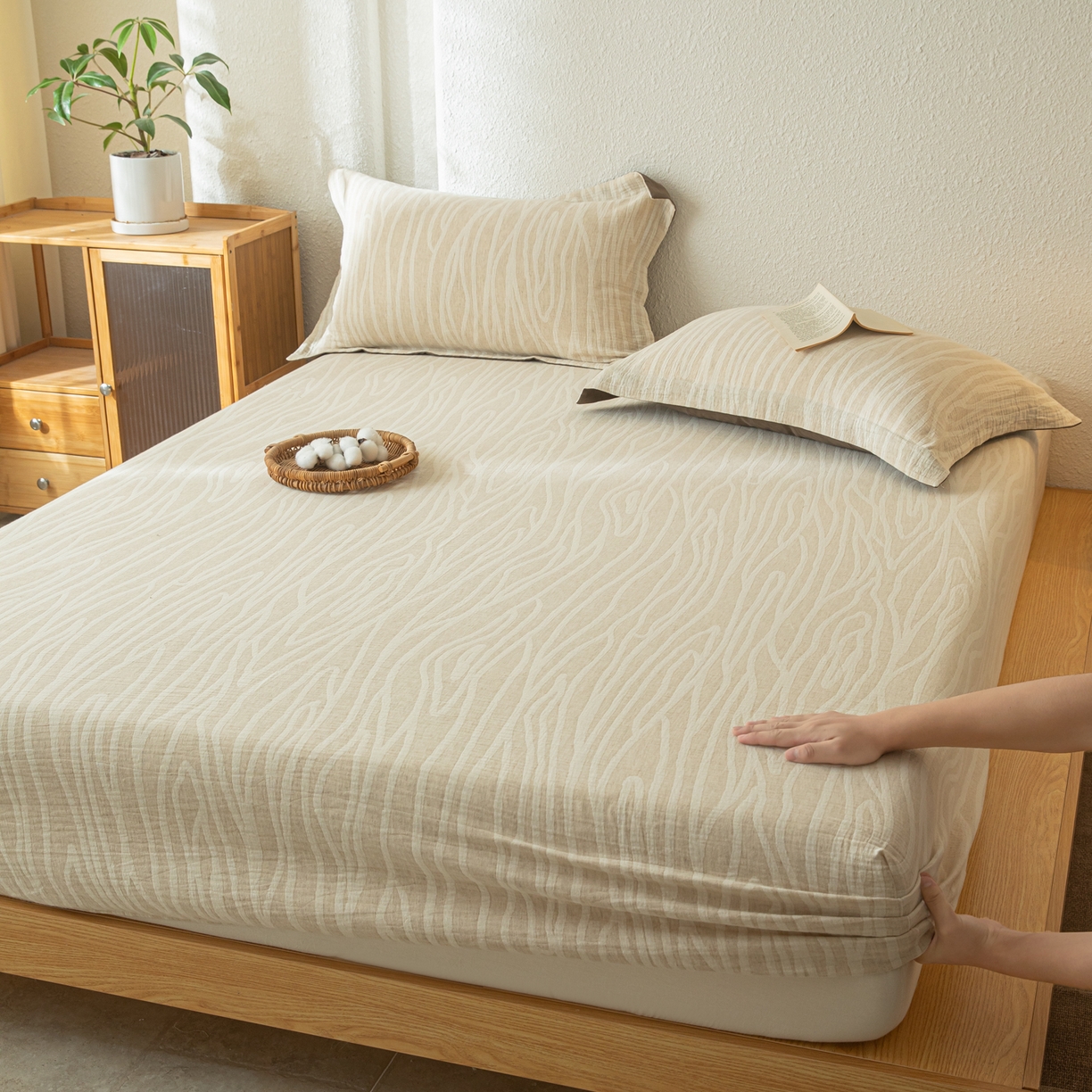 91家纺网 家纺一手货源 找家纺 眠博士 2025新款A类棉麻双层纱提花床笠 棉麻双层纱床笠-树纹