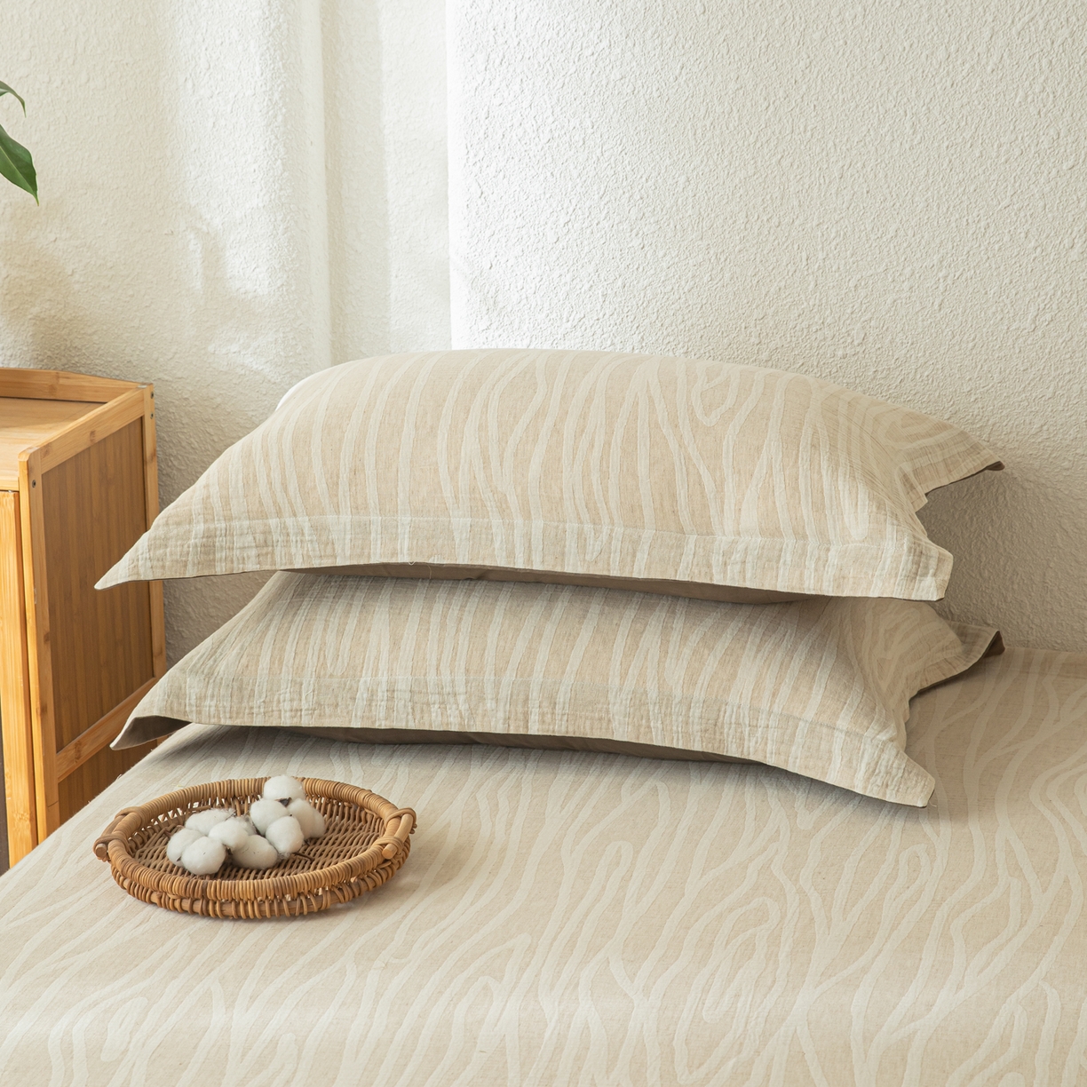 91家纺网 家纺一手货源 找家纺 眠博士 2025新款A类棉麻双层纱提花床笠 棉麻双层纱床笠-树纹