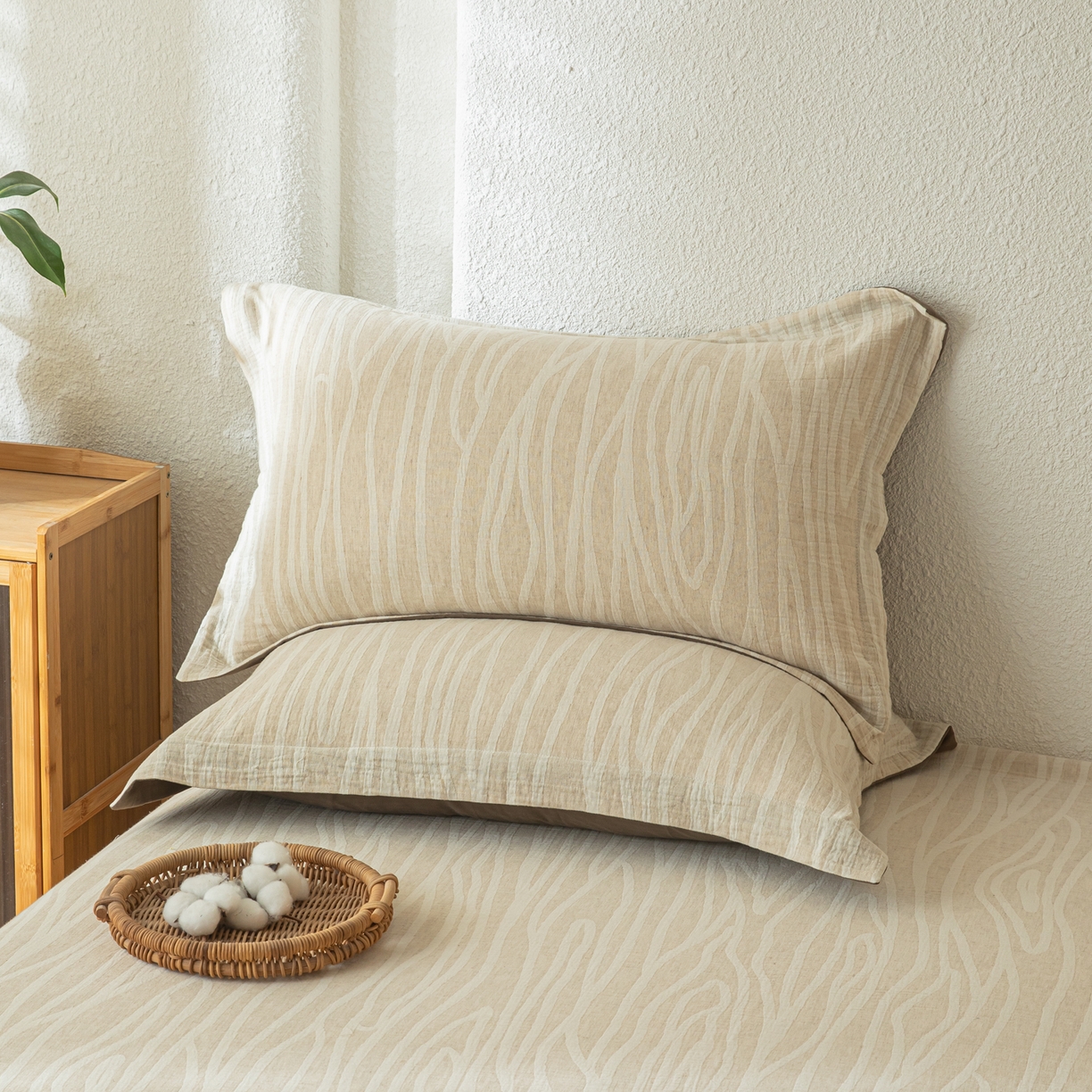 91家纺网 家纺一手货源 找家纺 眠博士 2025新款A类棉麻双层纱提花床笠 棉麻双层纱床笠-树纹