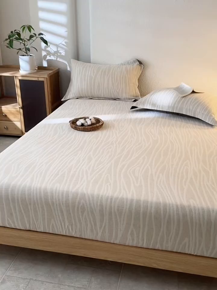 91家纺网 家纺一手货源 找家纺 眠博士 2025新款A类棉麻双层纱提花床笠 棉麻双层纱床笠-树纹