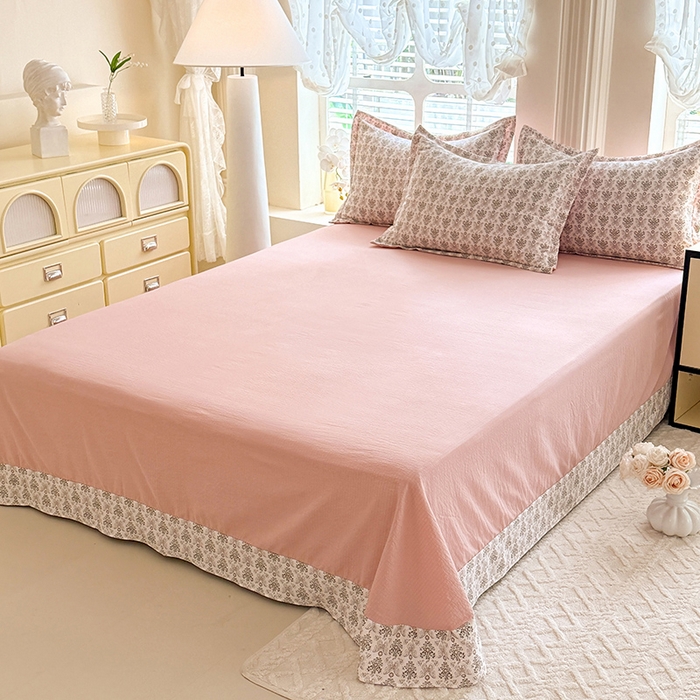 91家纺网 家纺一手货源 找家纺 韩约家纺 2025新款1全棉镂空双色刺绣花边床单款加厚棉麻四件套 蝶语香