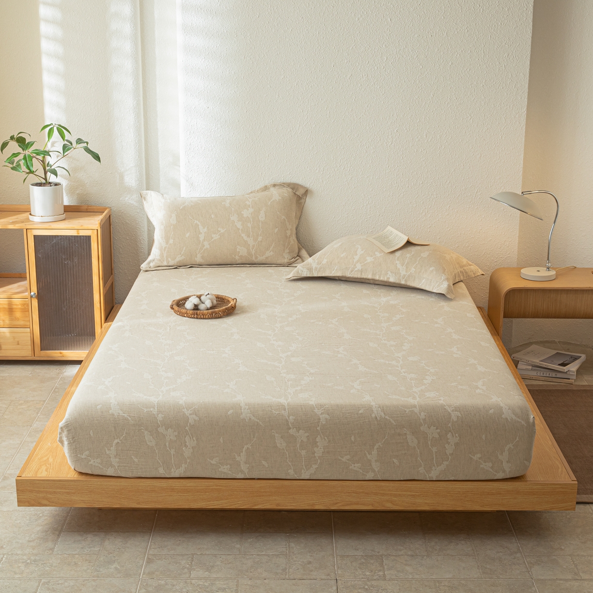 91家纺网 家纺一手货源 找家纺 眠博士 2025新款A类棉麻双层纱提花床笠 棉麻双层纱床笠-摇影