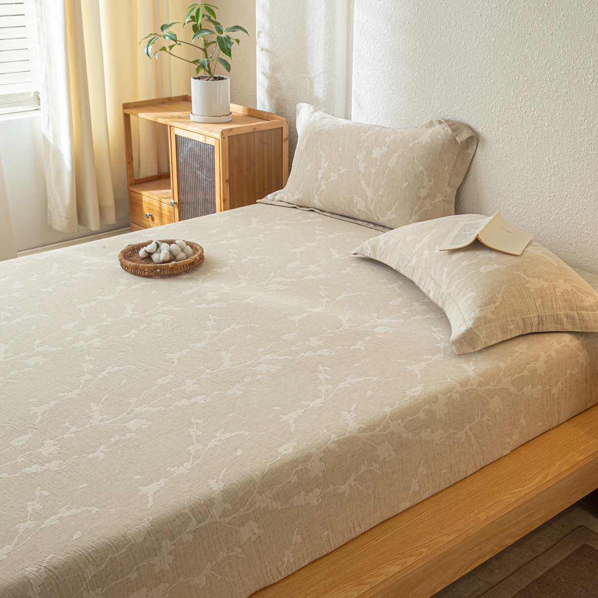 91家纺网 家纺一手货源 找家纺 眠博士 2025新款A类棉麻双层纱提花床笠 棉麻双层纱床笠-摇影