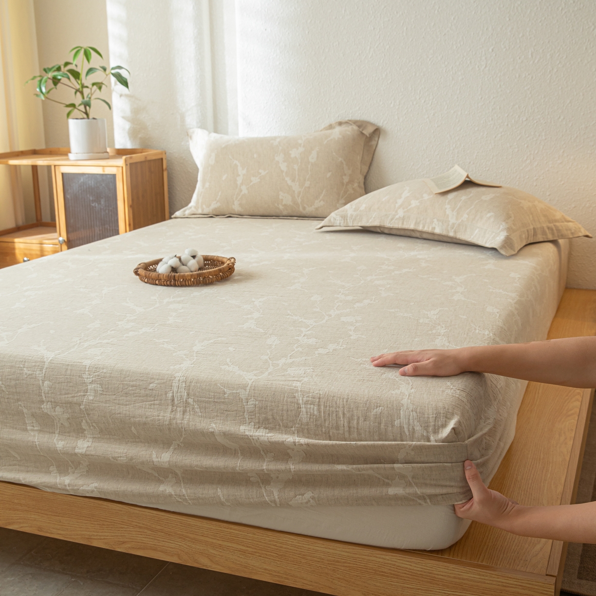 91家纺网 家纺一手货源 找家纺 眠博士 2025新款A类棉麻双层纱提花床笠 棉麻双层纱床笠-摇影