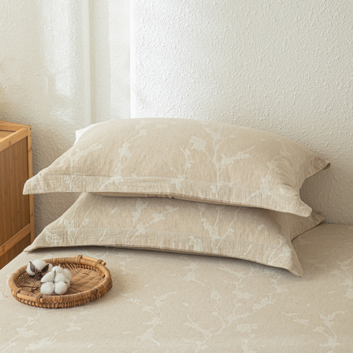 91家纺网 家纺一手货源 找家纺 眠博士 2025新款A类棉麻双层纱提花床笠 棉麻双层纱床笠-摇影