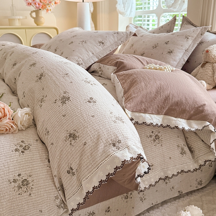 韩约家纺 2025新款1全棉镂空双色刺绣花边床单款加厚棉麻四件套 花玉寻