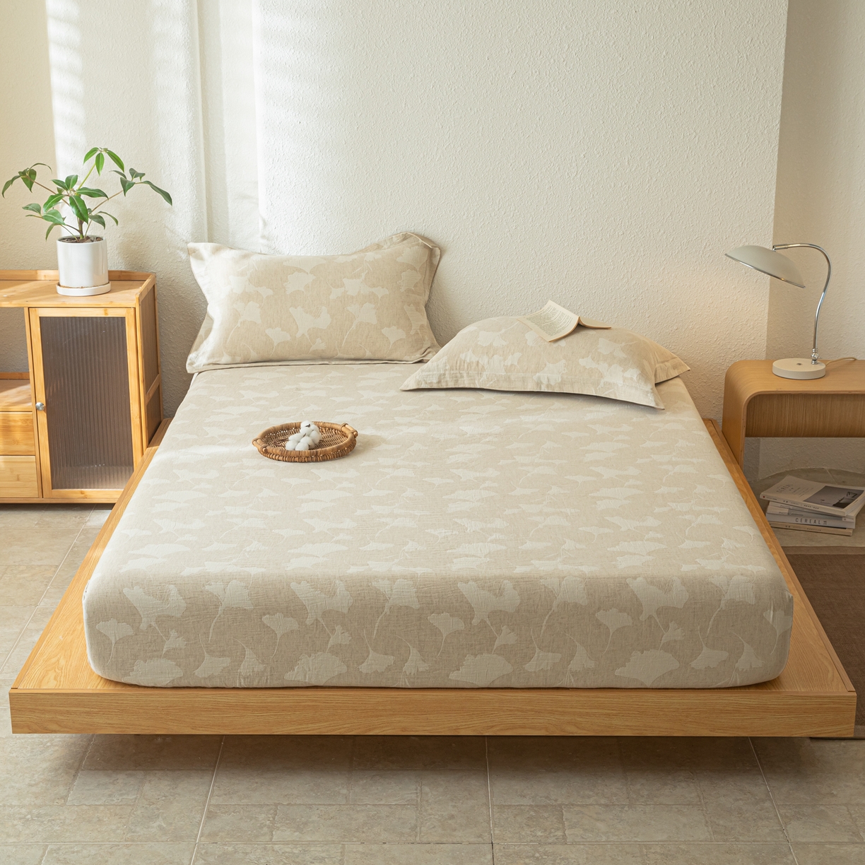 91家纺网 家纺一手货源 找家纺 眠博士 2025新款A类棉麻双层纱提花床笠 棉麻双层纱床笠-银杏叶