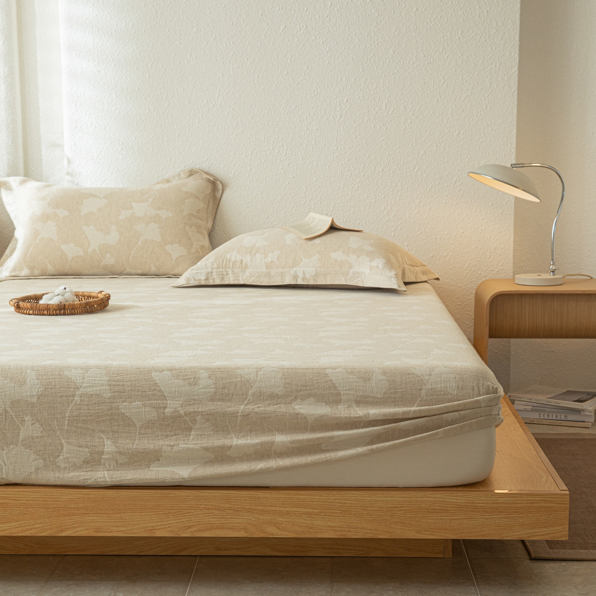 91家纺网 家纺一手货源 找家纺 眠博士 2025新款A类棉麻双层纱提花床笠 棉麻双层纱床笠-银杏叶