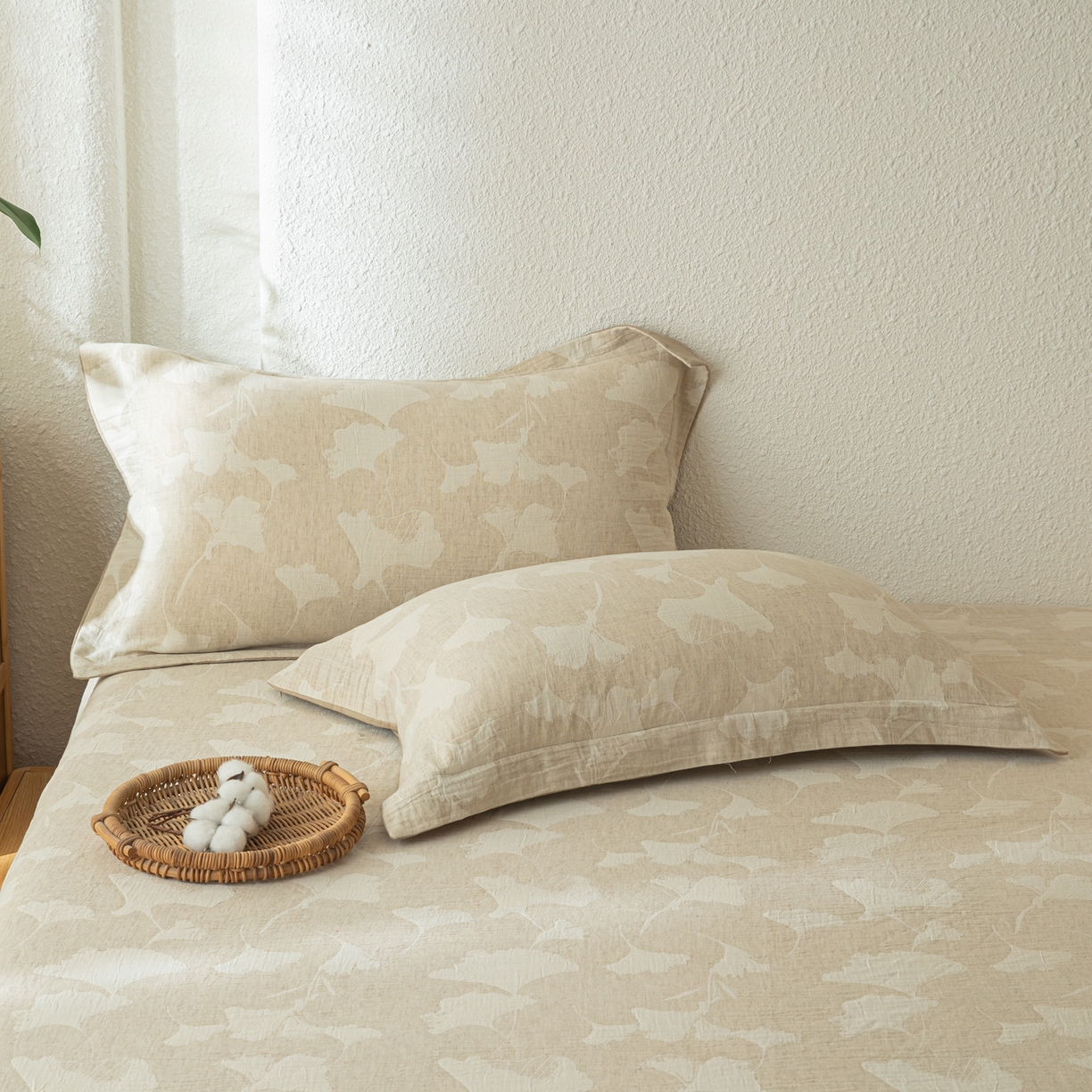 91家纺网 家纺一手货源 找家纺 眠博士 2025新款A类棉麻双层纱提花床笠 棉麻双层纱床笠-银杏叶