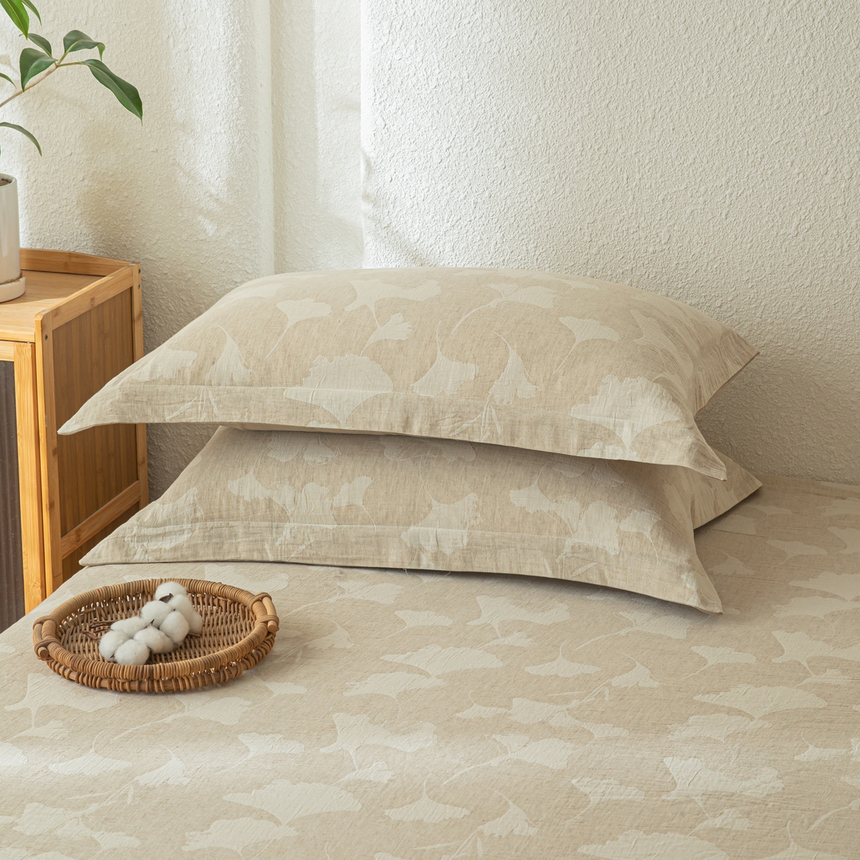 91家纺网 家纺一手货源 找家纺 眠博士 2025新款A类棉麻双层纱提花床笠 棉麻双层纱床笠-银杏叶