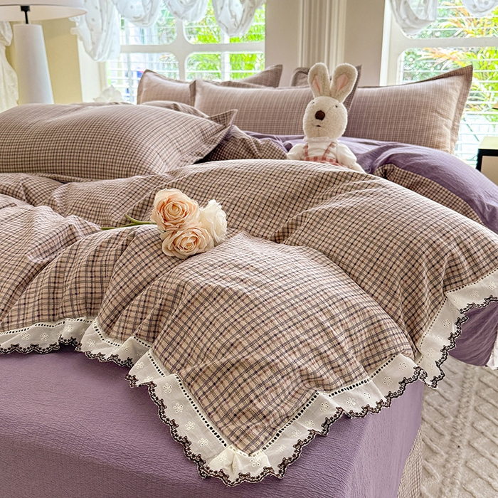 91家纺网 家纺一手货源 找家纺 韩约家纺 2025新款1全棉镂空双色刺绣花边床单款加厚棉麻四件套 简熙