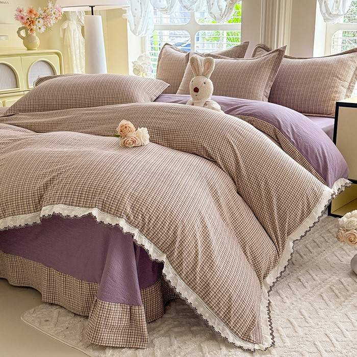 91家纺网 家纺一手货源 找家纺 韩约家纺 2025新款1全棉镂空双色刺绣花边床单款加厚棉麻四件套 简熙