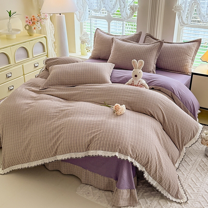 91家纺网 家纺一手货源 找家纺 韩约家纺 2025新款1全棉镂空双色刺绣花边床单款加厚棉麻四件套 简熙