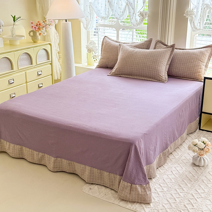 91家纺网 家纺一手货源 找家纺 韩约家纺 2025新款1全棉镂空双色刺绣花边床单款加厚棉麻四件套 简熙