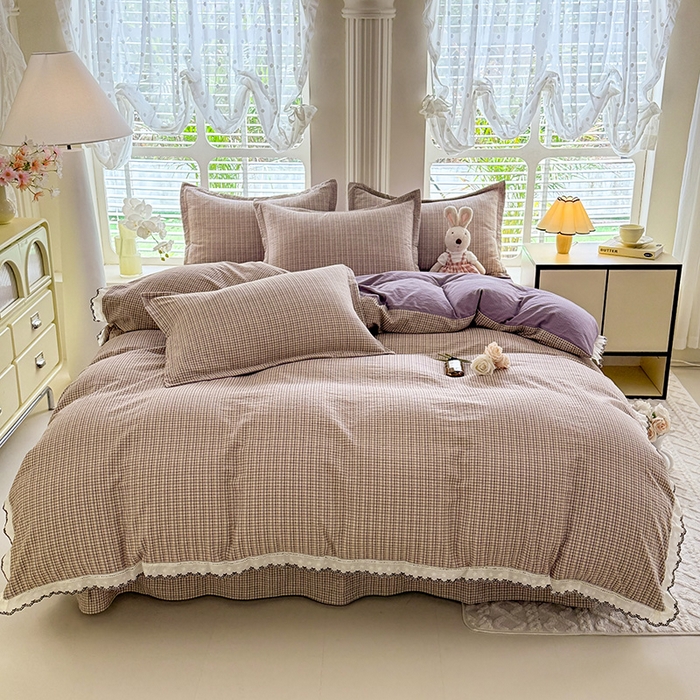 91家纺网 家纺一手货源 找家纺 韩约家纺 2025新款1全棉镂空双色刺绣花边床单款加厚棉麻四件套 简熙