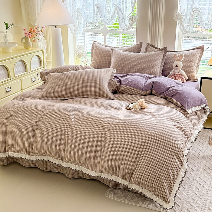 91家纺网 家纺一手货源 找家纺 韩约家纺 2025新款1全棉镂空双色刺绣花边床单款加厚棉麻四件套 简熙