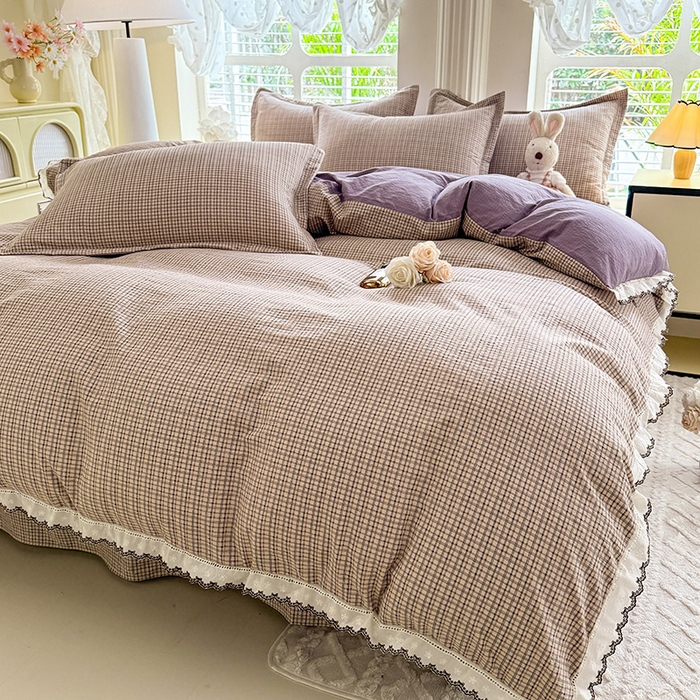 91家纺网 家纺一手货源 找家纺 韩约家纺 2025新款1全棉镂空双色刺绣花边床单款加厚棉麻四件套 简熙