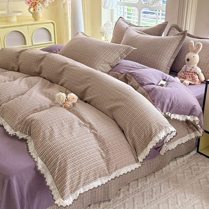 91家纺网 家纺一手货源 找家纺 韩约家纺 2025新款1全棉镂空双色刺绣花边床单款加厚棉麻四件套 简熙