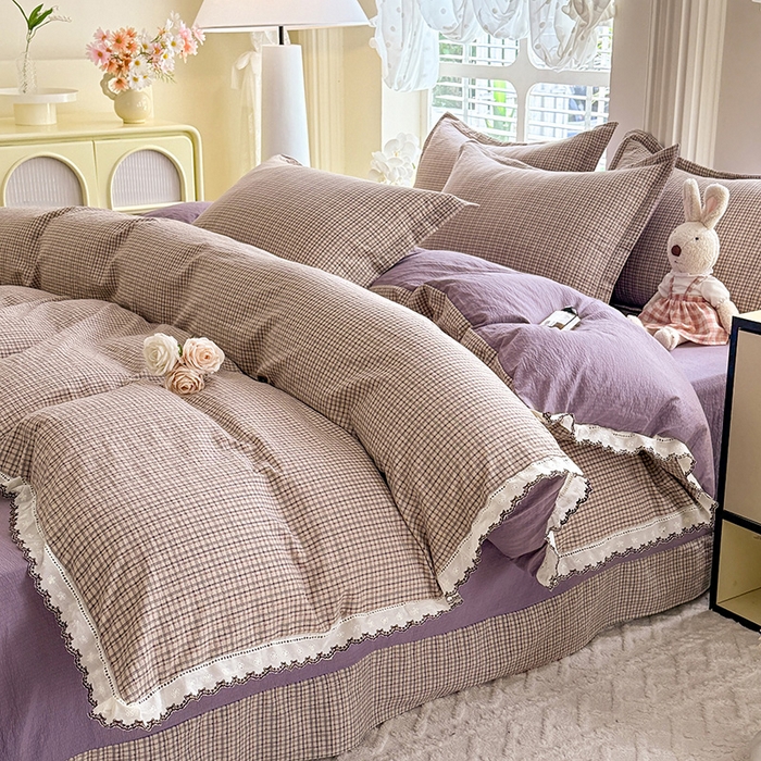 91家纺网 家纺一手货源 找家纺 韩约家纺 2025新款1全棉镂空双色刺绣花边床单款加厚棉麻四件套 简熙