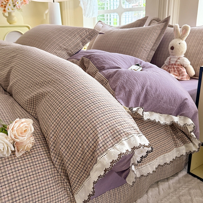 91家纺网 家纺一手货源 找家纺 韩约家纺 2025新款1全棉镂空双色刺绣花边床单款加厚棉麻四件套 简熙