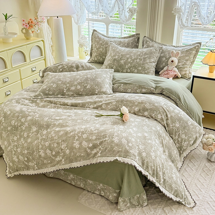 91家纺网 家纺一手货源 找家纺 韩约家纺 2025新款1全棉镂空双色刺绣花边床单款加厚棉麻四件套 美伊