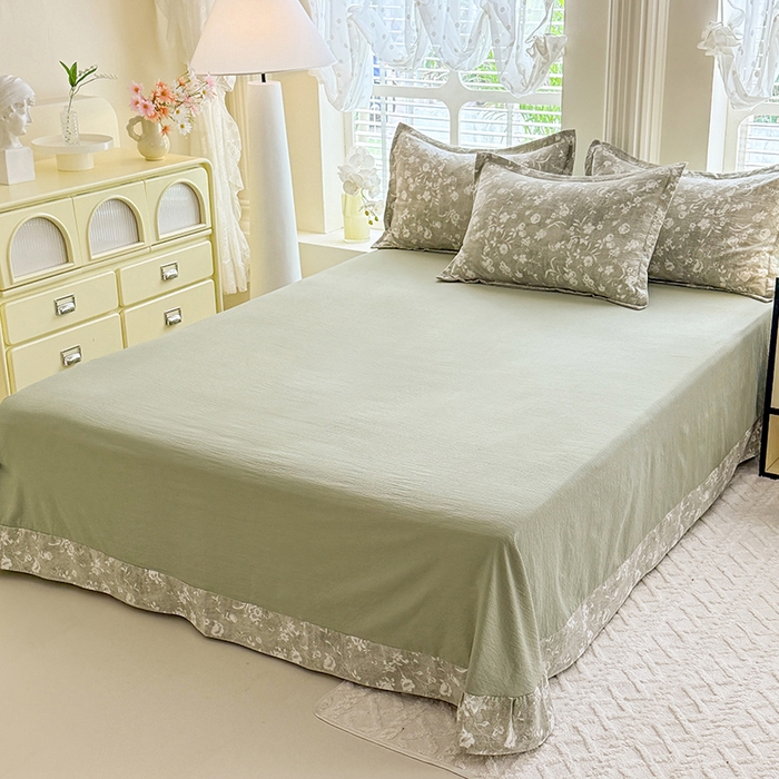 91家纺网 家纺一手货源 找家纺 韩约家纺 2025新款1全棉镂空双色刺绣花边床单款加厚棉麻四件套 美伊