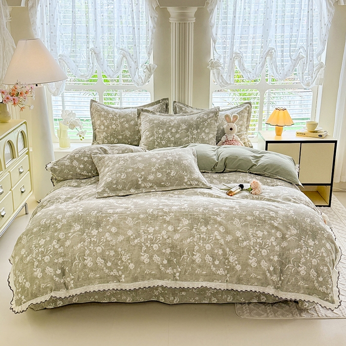 91家纺网 家纺一手货源 找家纺 韩约家纺 2025新款1全棉镂空双色刺绣花边床单款加厚棉麻四件套 美伊