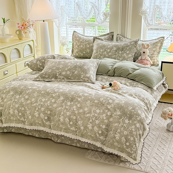 91家纺网 家纺一手货源 找家纺 韩约家纺 2025新款1全棉镂空双色刺绣花边床单款加厚棉麻四件套 美伊