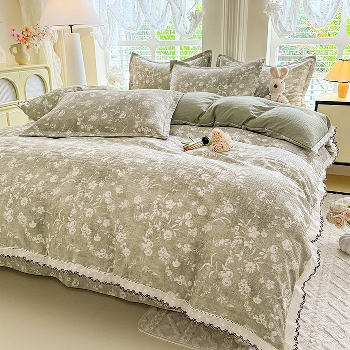 91家纺网 家纺一手货源 找家纺 韩约家纺 2025新款1全棉镂空双色刺绣花边床单款加厚棉麻四件套 美伊