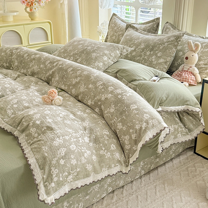 91家纺网 家纺一手货源 找家纺 韩约家纺 2025新款1全棉镂空双色刺绣花边床单款加厚棉麻四件套 美伊