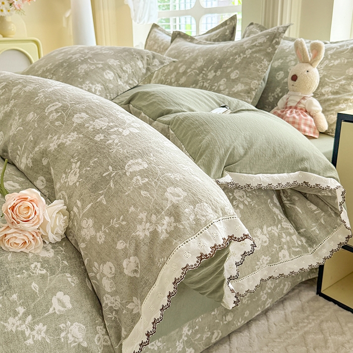 91家纺网 家纺一手货源 找家纺 韩约家纺 2025新款1全棉镂空双色刺绣花边床单款加厚棉麻四件套 美伊