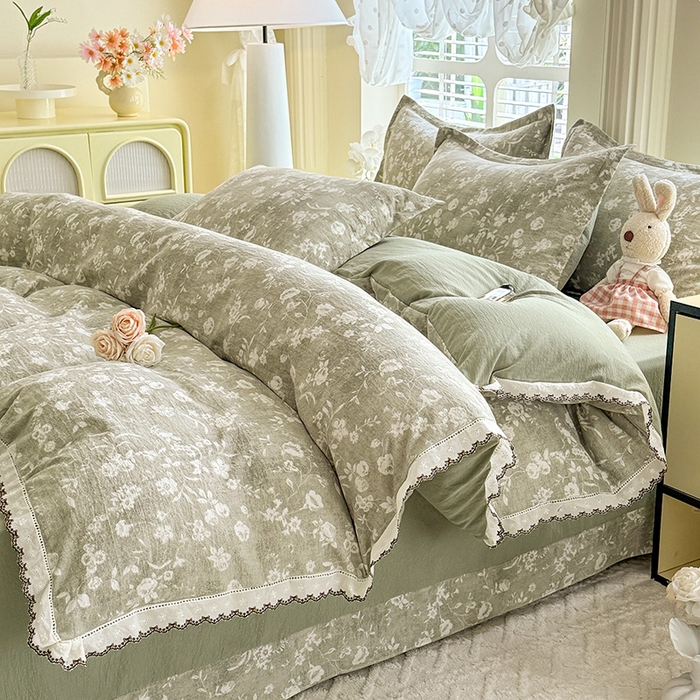 91家纺网 家纺一手货源 找家纺 韩约家纺 2025新款1全棉镂空双色刺绣花边床单款加厚棉麻四件套 美伊