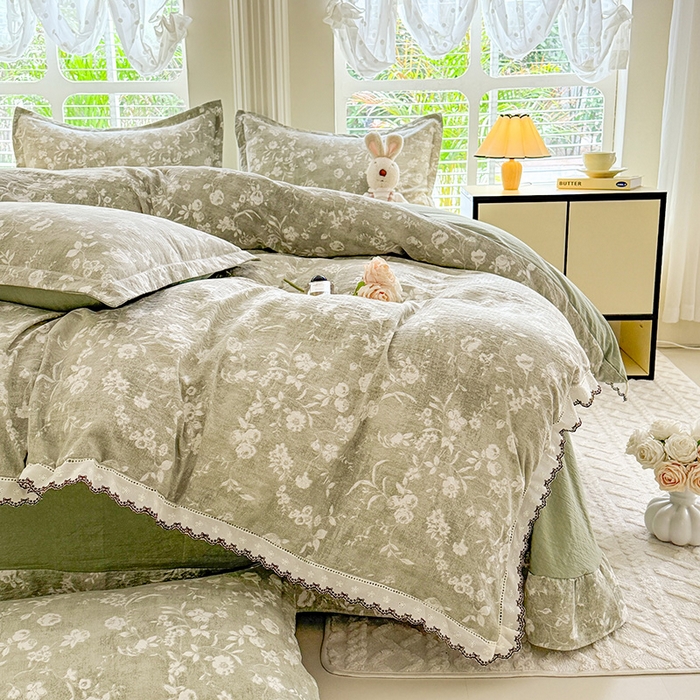 91家纺网 家纺一手货源 找家纺 韩约家纺 2025新款1全棉镂空双色刺绣花边床单款加厚棉麻四件套 美伊